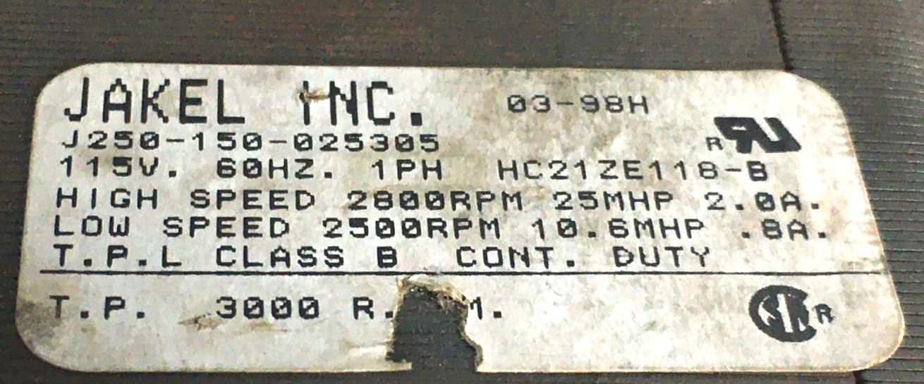 JAKEL J250-150-025305 HC21ZE118-B Inducer Motor used, tested refurbish #RMN370