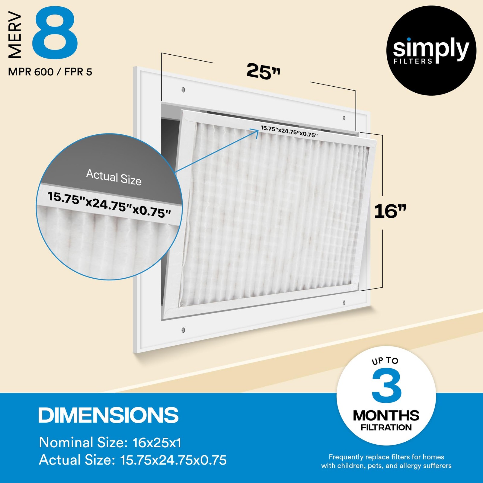 Simply 16X25X1 Air Filter Merv 8 Mpr 600 6 Pack For Home Ac Actual Size