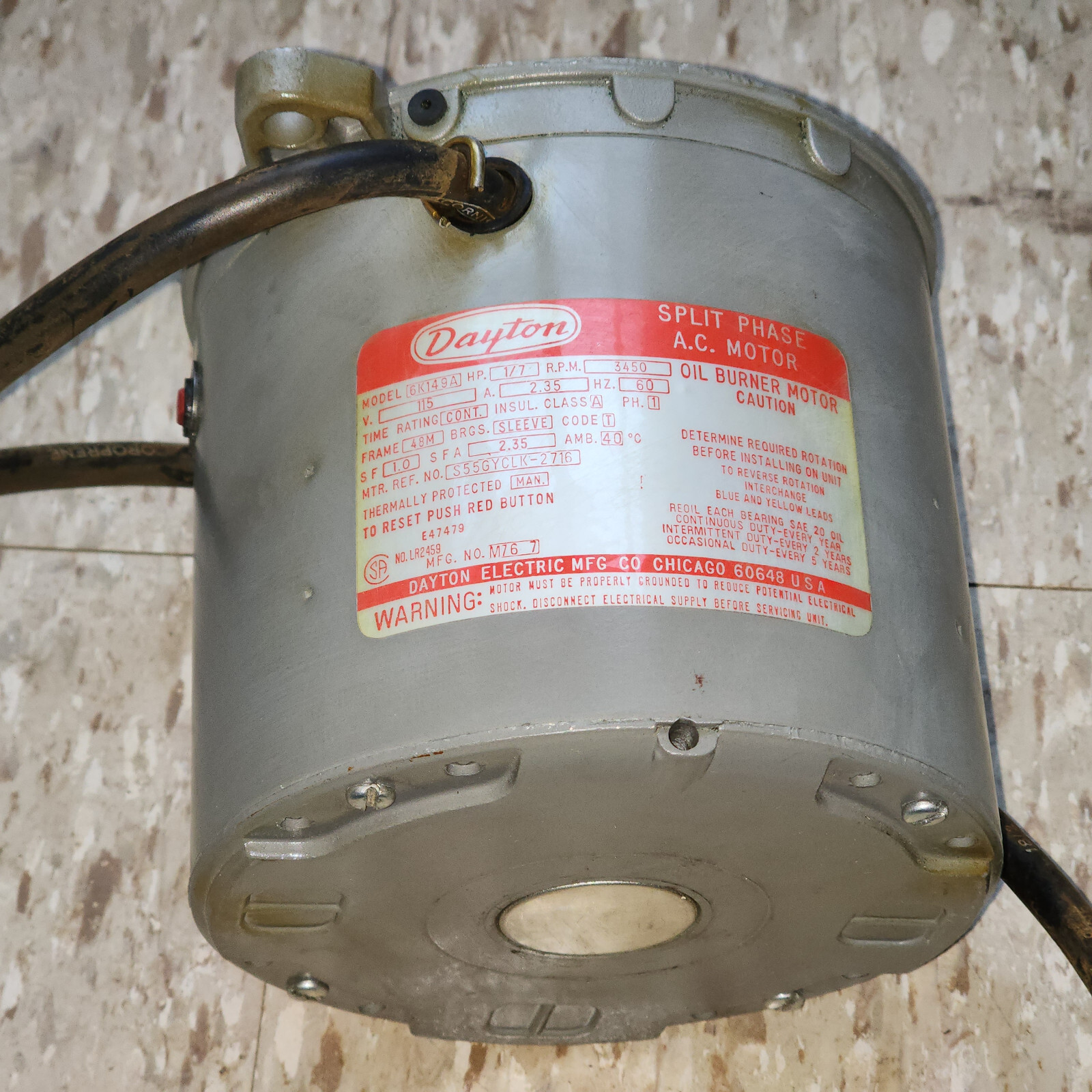 Dayton Motor 6K149C Split Phase Oil Burner Motor 3450rpm 48m Frame 1/7hp
