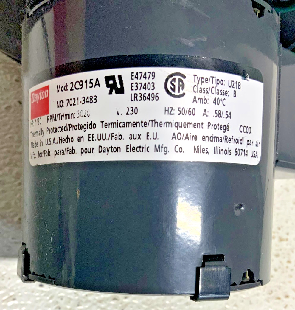 Dayton 2C915A Blower Motor Fan 3020RPM Type U21B 230VAC 1/30HP 58/54A 7021-3483