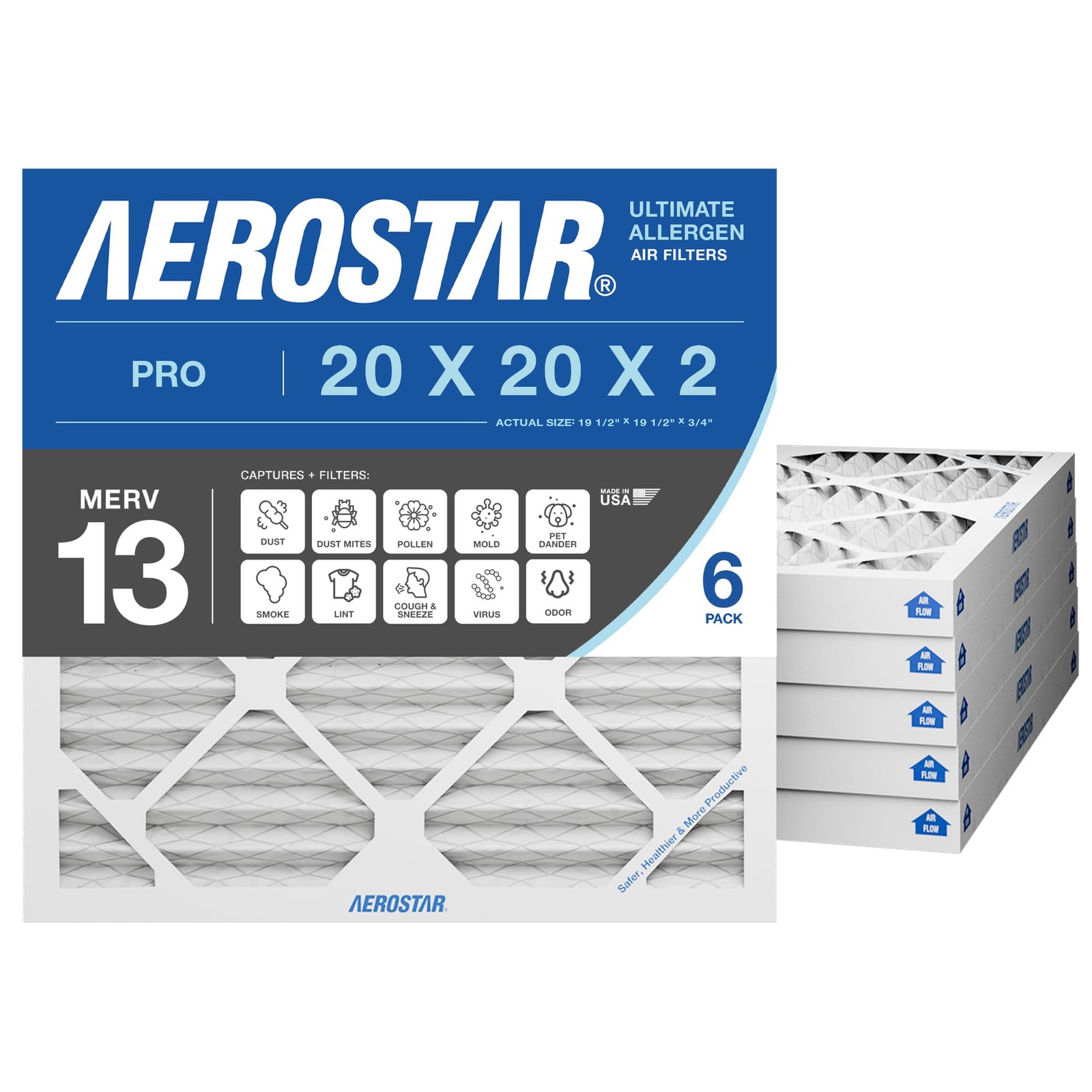 Aerostar 20X20X2 Merv 13 Air Filter 6 Count Actual Size 19.50 X 19.50 X 1.75