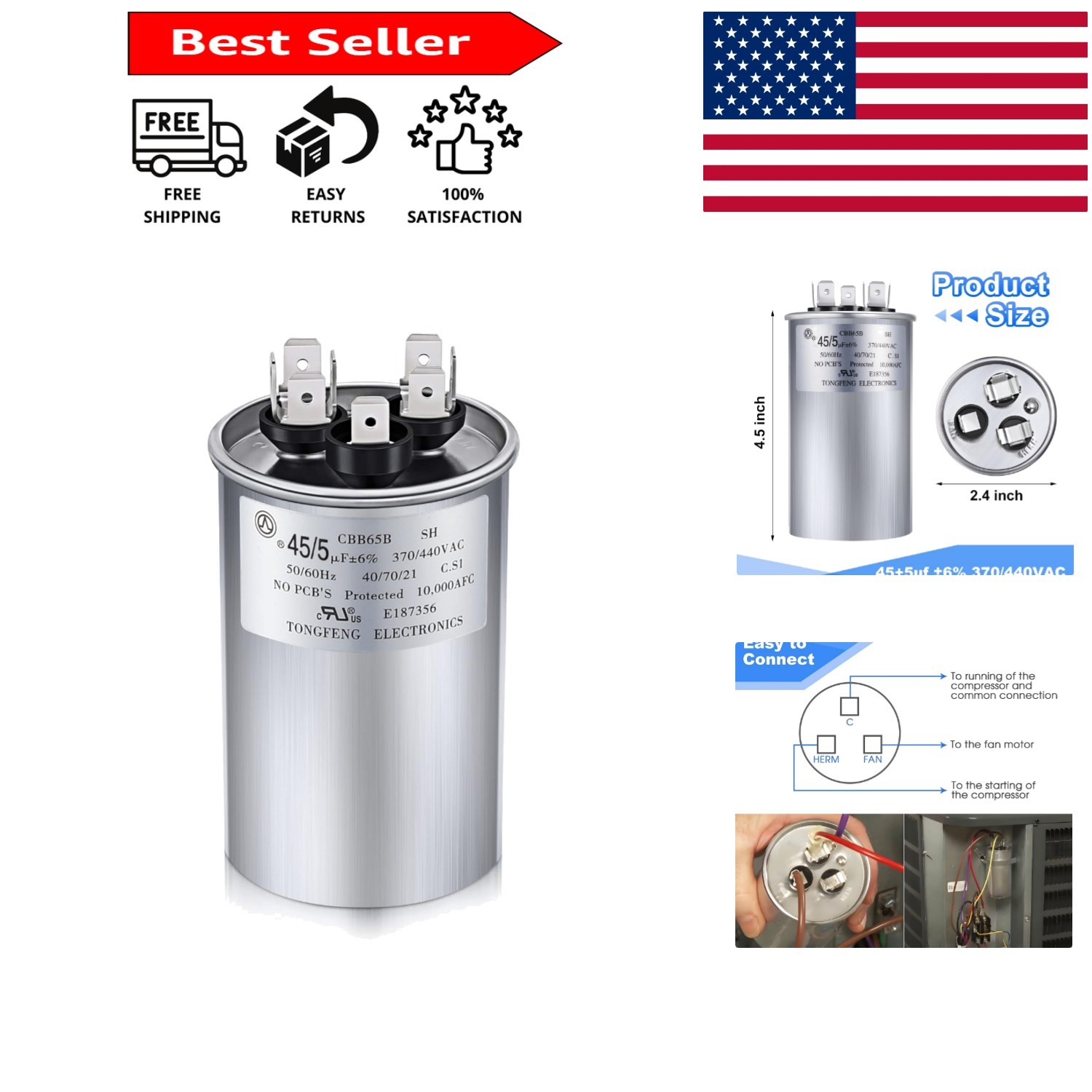 Durable 45/5 µF Round Capacitor – 370V/440V for HVAC Applications, Certified