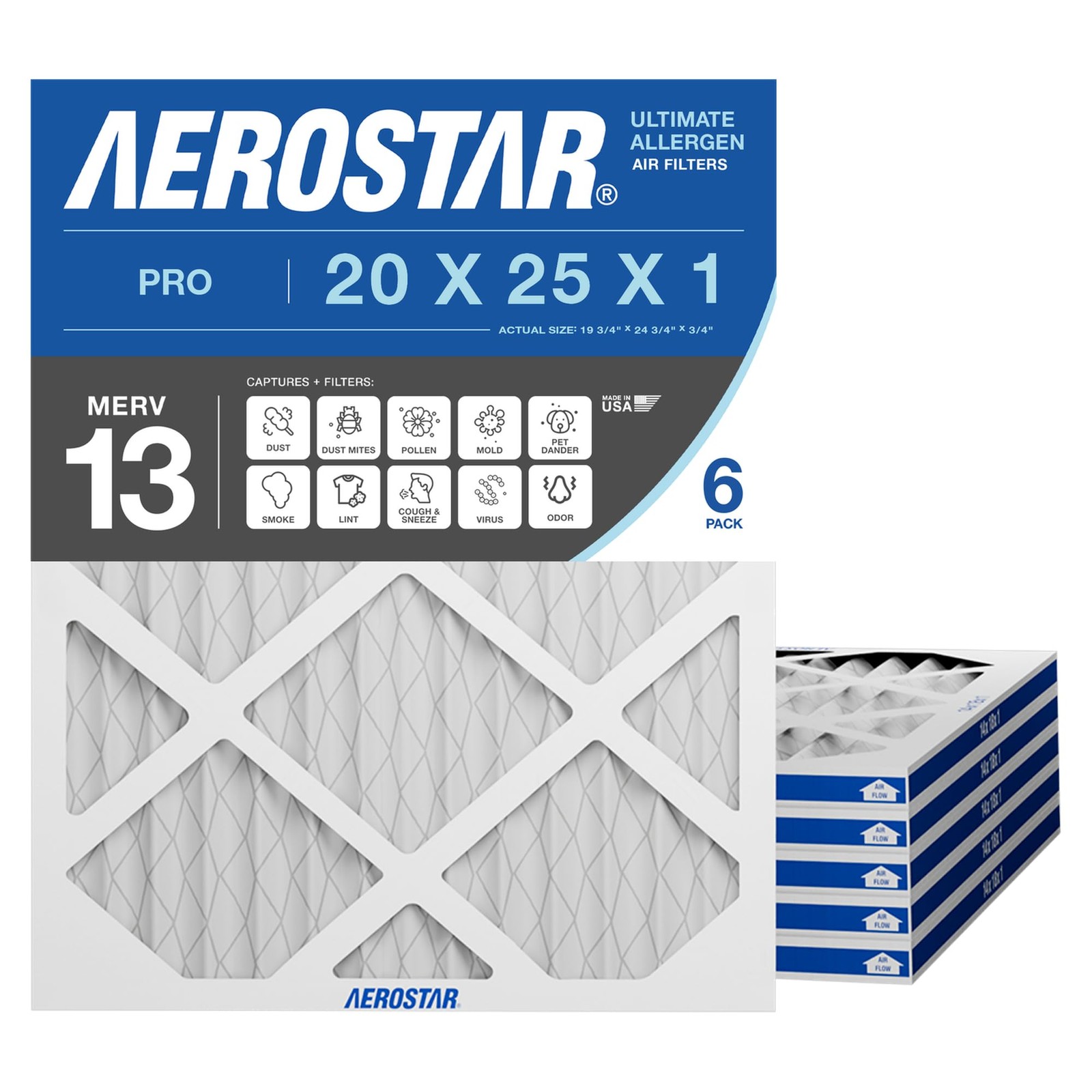 Aerostar 20X25X1 Merv 13 Air Filter 6 Count Actual Size 19.75 X 24.75 X 0.75