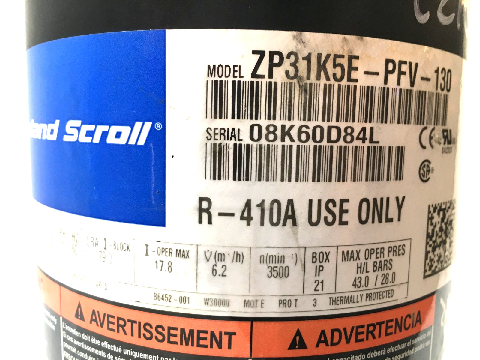 Copeland 2.5 Ton Scroll Compressor ZP31K5E-PFV-130 R410A 208/230V 1 PH used C218