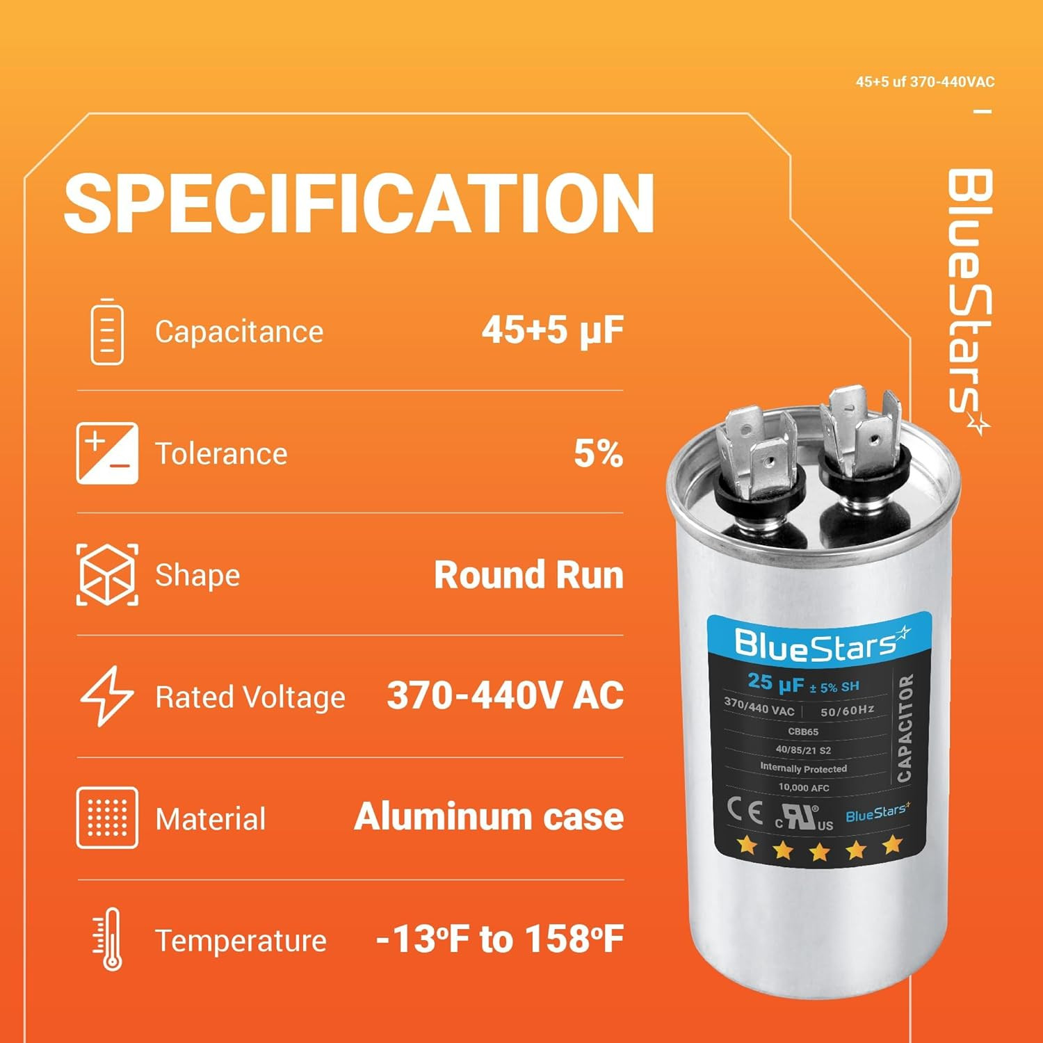 2 Packs 45+5 Uf 370V 440V round Dual Run Capacitor for AC Motor Fan