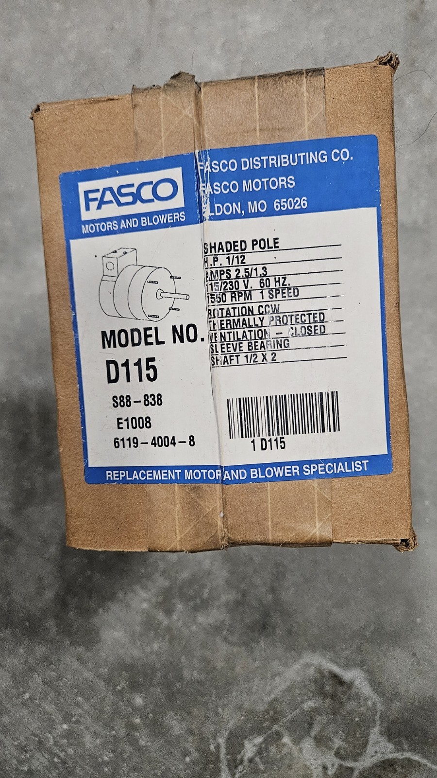 Fasco D115 Motor 1/12 HP 115/230V 60HZ 1550 RPM