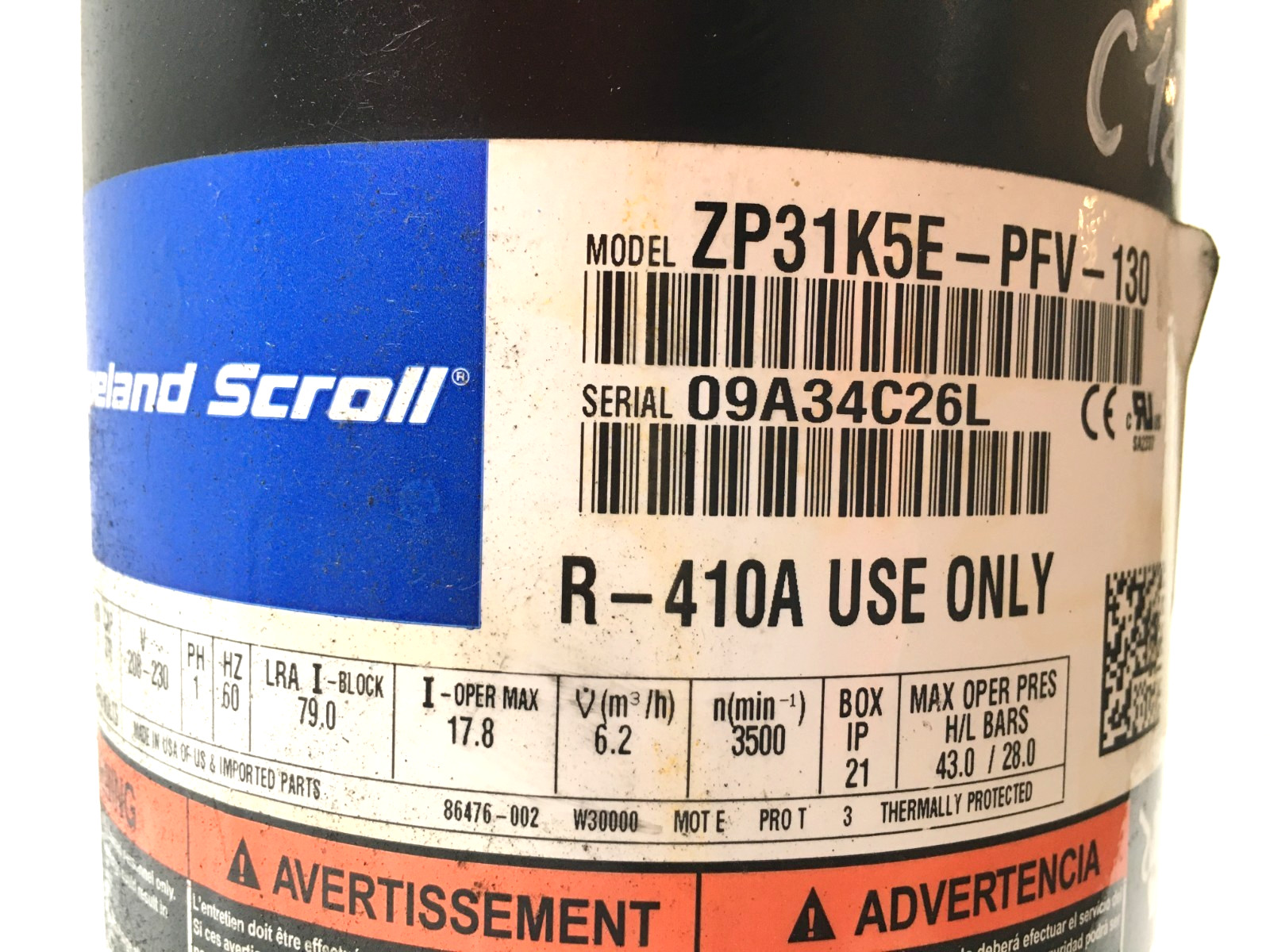 Copeland 2.5 Ton Scroll Compressor ZP31K5E-PFV-130 R410A 208/230V 1 PH used C180