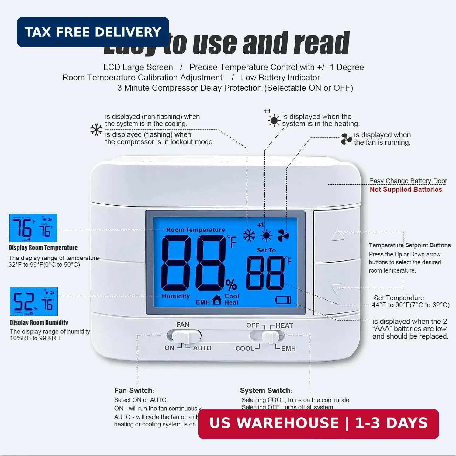 Thermostat Non Programmable Heat Pump Thermostat for House 2H/1C, with Large LCD