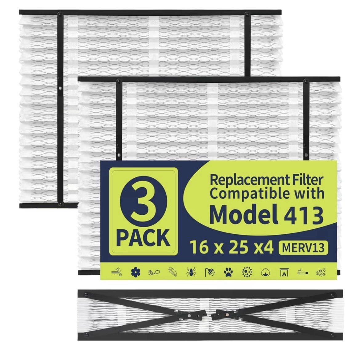 3 Pack Flat Panel Fiberglass Filter Compatible with Model 413, 16x25x4, MERV 13