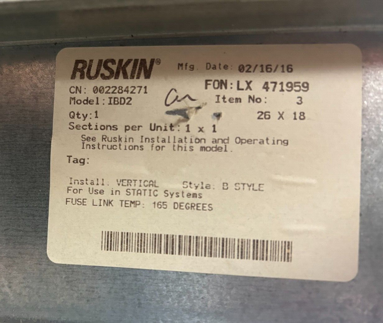 Ruskin Rectangular Fire Damper, 26 x 18 In, B style