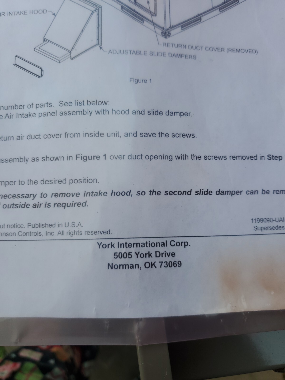 Large Manual York OA Damper 82-285-50 NIB S1-1FA0502 outside air 0-35%