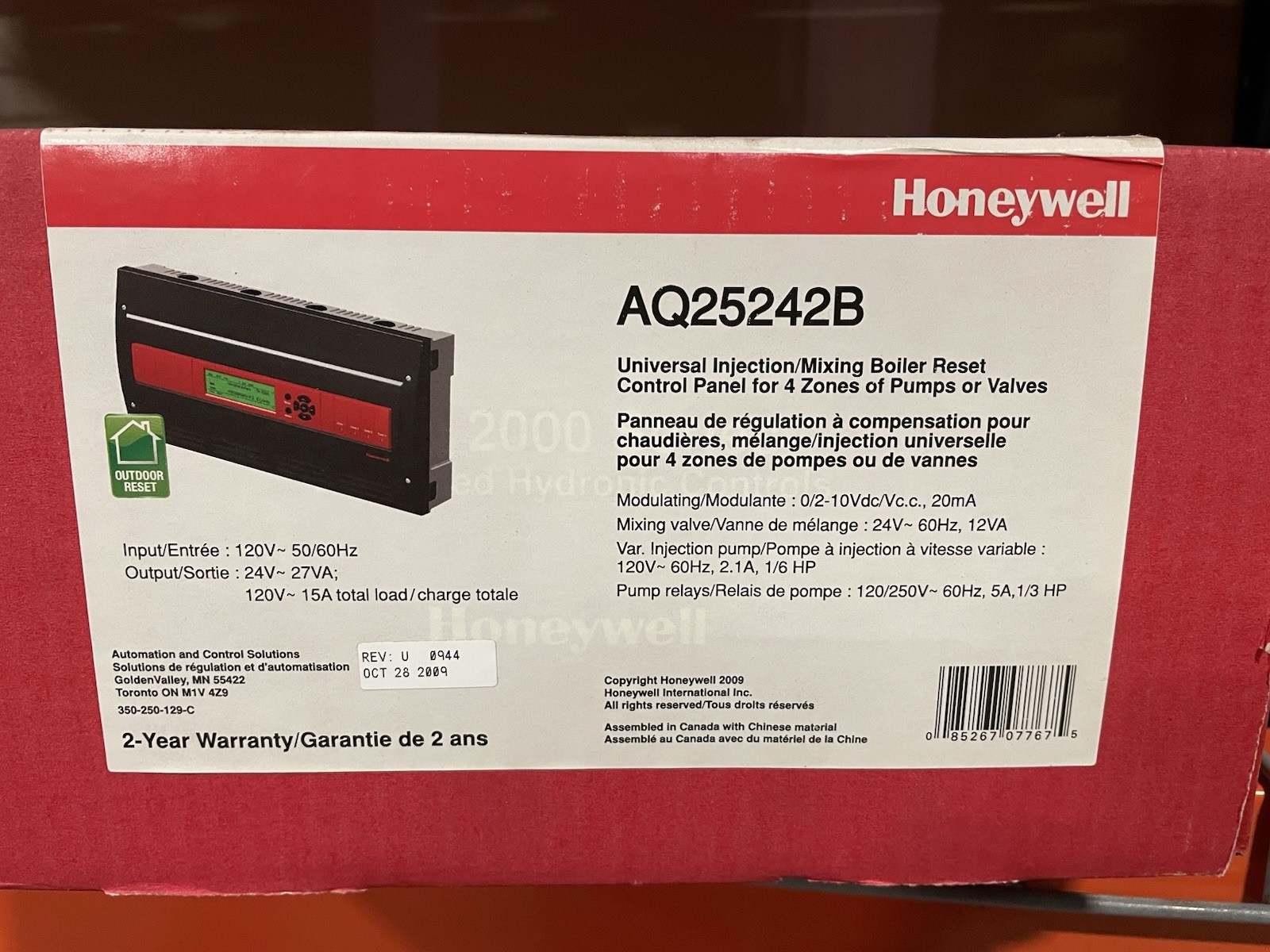 Honeywell AQ25242B Universal Injection / Mixing Boiler Reset Control Panel For 4