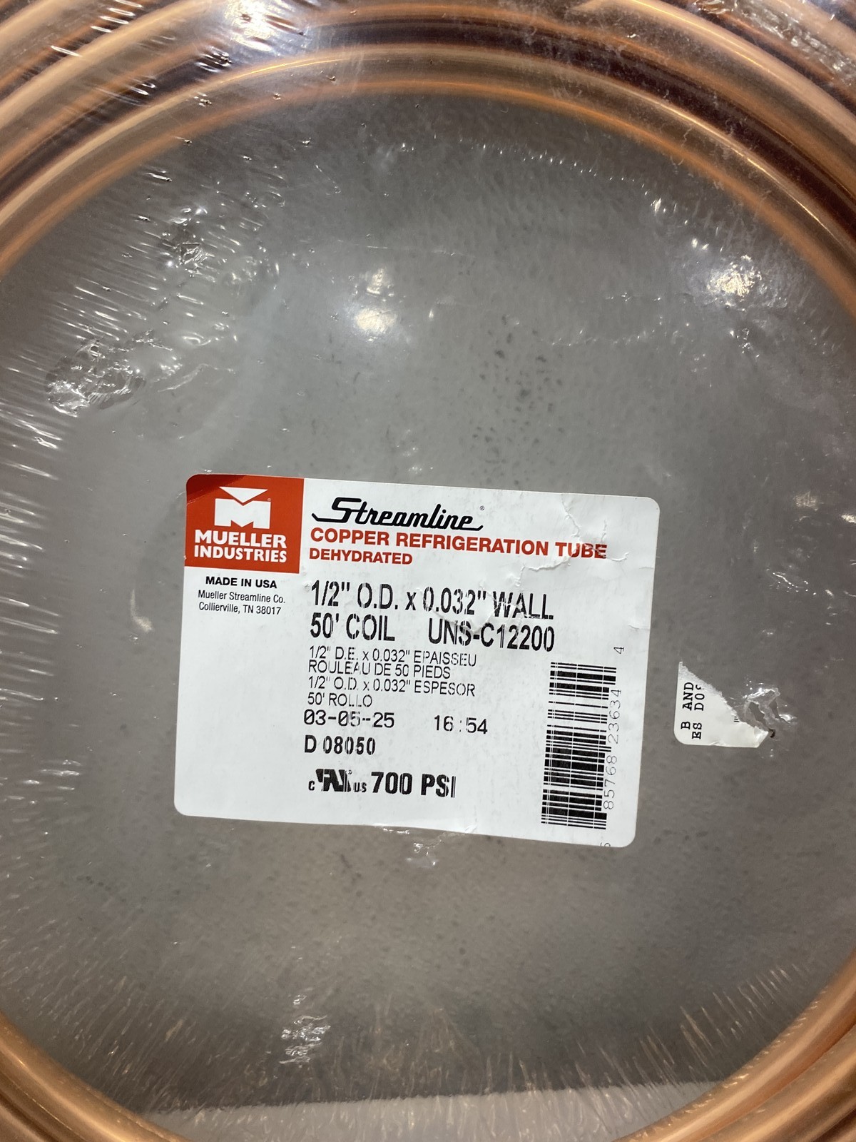 Mueller Streamline 1/2″ x 50 Ft Copper Refrigeration Tubing D08050