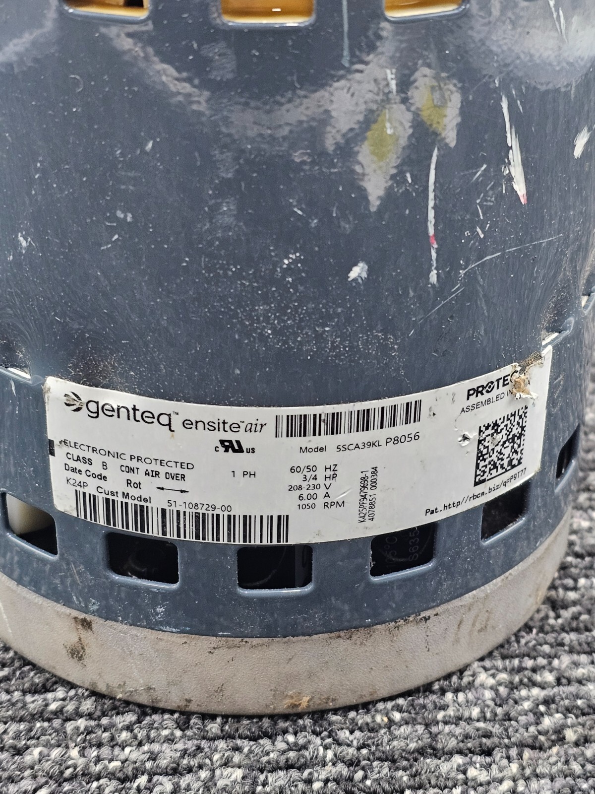 Genteq Blower Motor Class B 51-108729-00 1 PH 60/50Hz 3/4 HP 208-230V 6.00A
