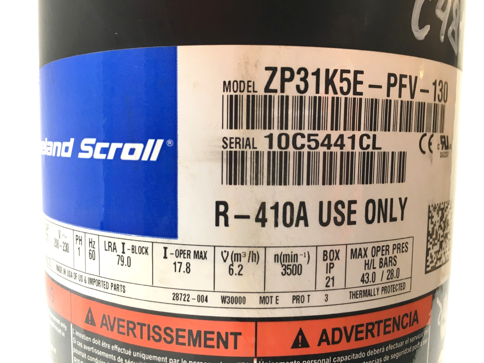 Copeland 2.5 Ton Scroll Compressor ZP31K5E-PFV-130 R410A 208/230V 1 PH used C481