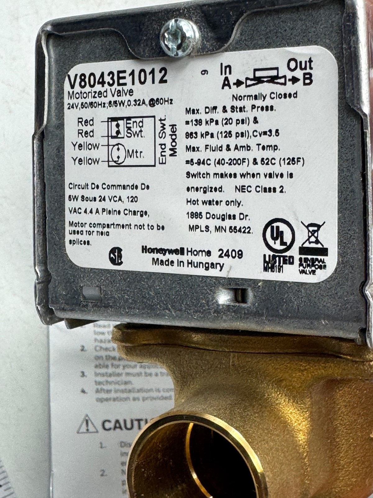 Honeywell Motorized Valve V8043E1012 24V Brass Zone Valve NC Hot Water Valve