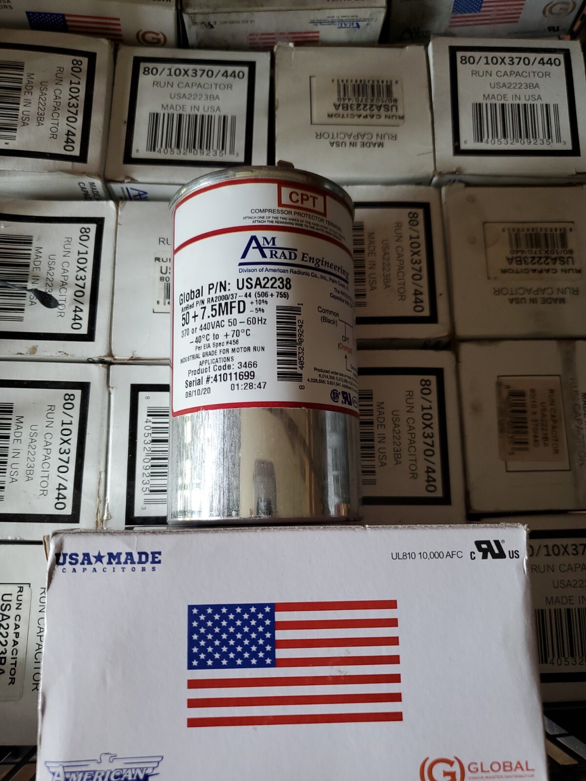 AmRad USA2238 Round Run Capacitor 50+7.5 uF MFD 370 / 440 Volt Made in USA