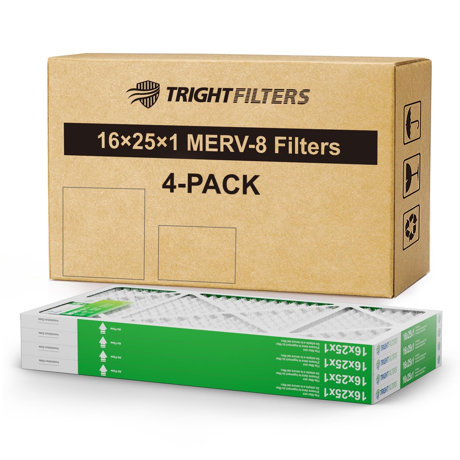 TRIGHTFILTERS 16x25x1 Air Filter 4 Pack, MERV 8 Pleated Dust Defense