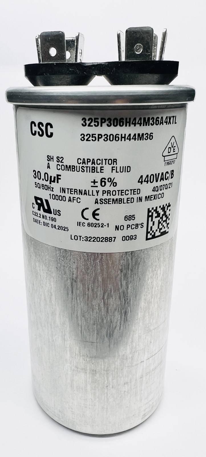 CSC 325P306H44M36A4XTL 30.0 uF 440V 32155391 0520 Run Capacitor 50/60HZ Round