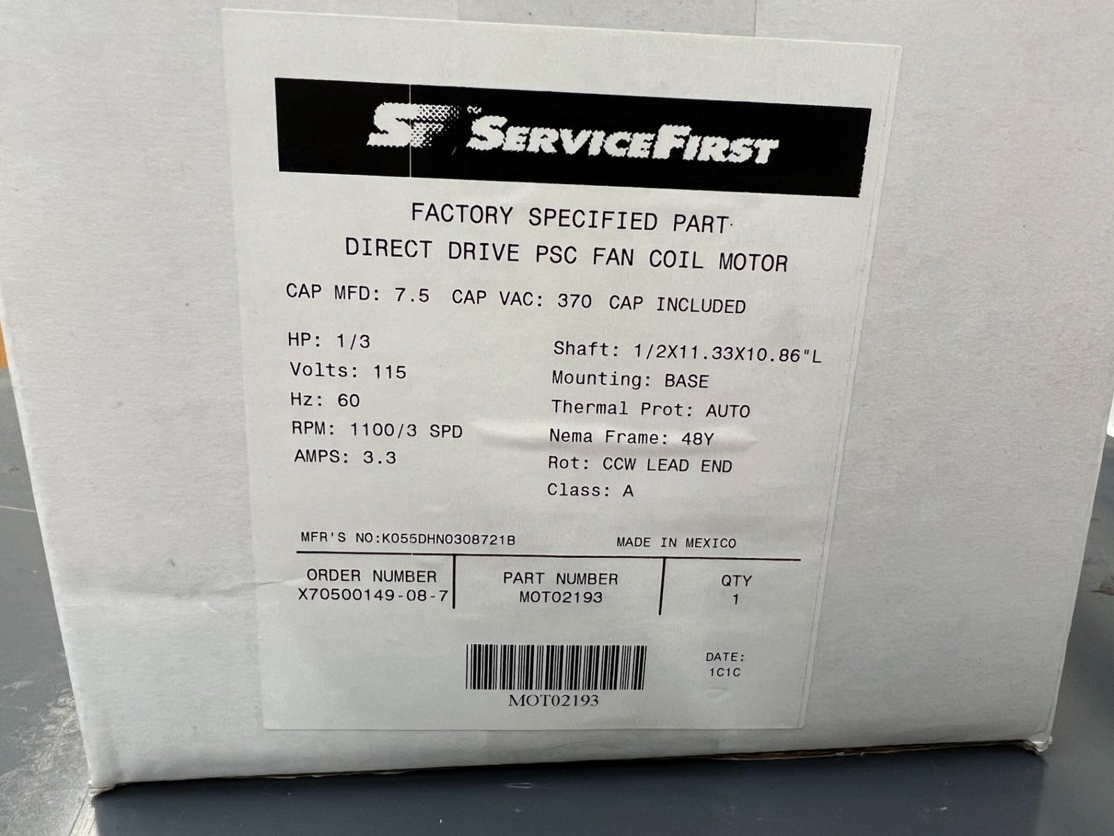 Emerson MOT2193, Fan Coil Motor, 1/3 HP, 115 V, 60 Hz, 1100 RPM, K55HXDHN-308