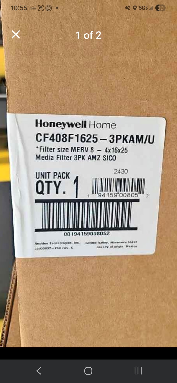 Honeywell Home 16x25x4 MERV 8, AC Furnace Air Filter, 1 PACK (CF408F1625-1PKA…
