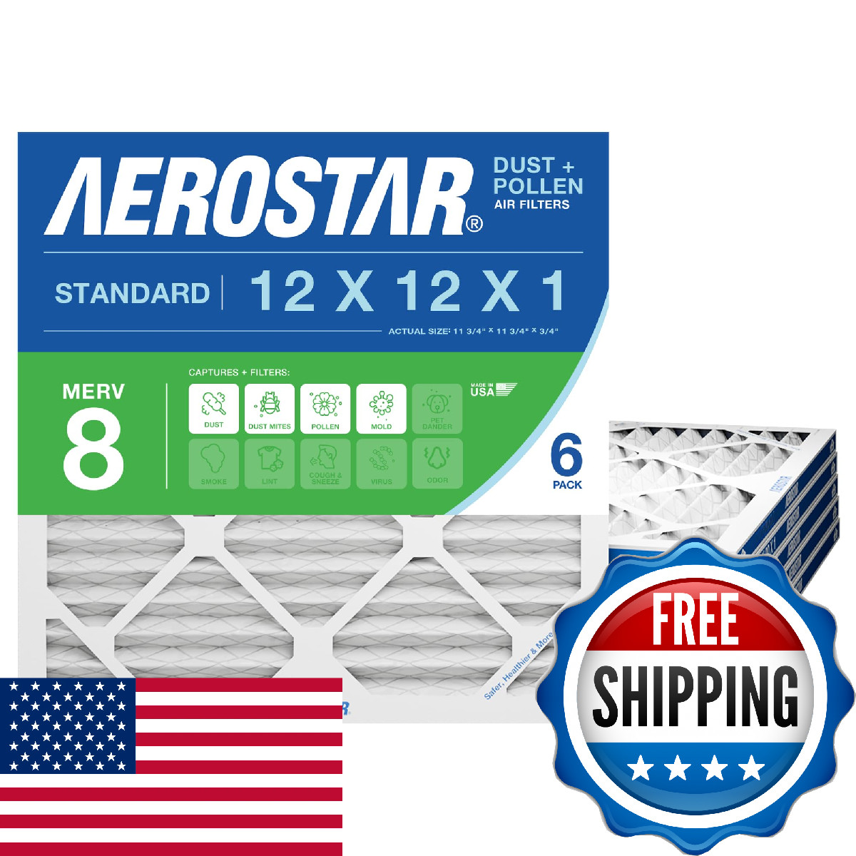 Aerostar 12X12X1 Merv 8 Air Filter 6 Count Actual Size 11.75 X 11.75 X 0.75