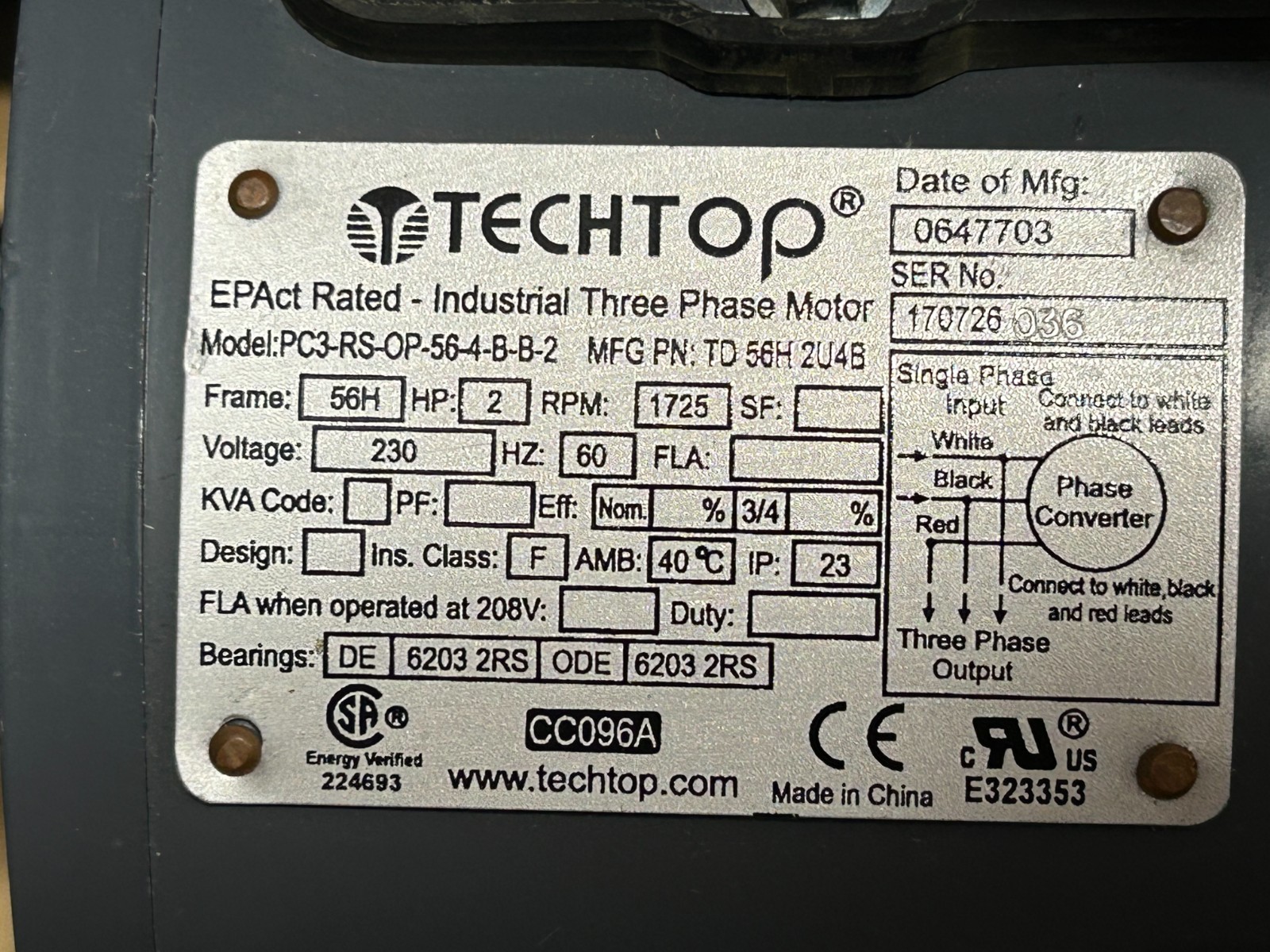 Techtop 2 HP, 3-Phase Rotary Phase Converter Idler Motor Shaftless