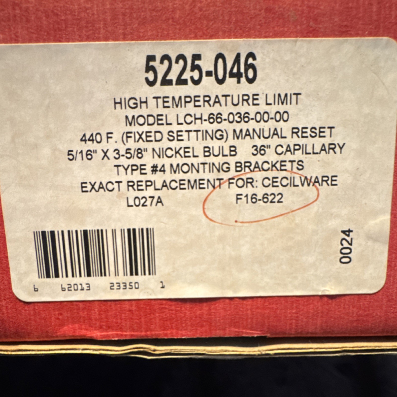 Robertshaw 5225 Series 5225-046 Remote Bulb High Limit 440F Manual Reset