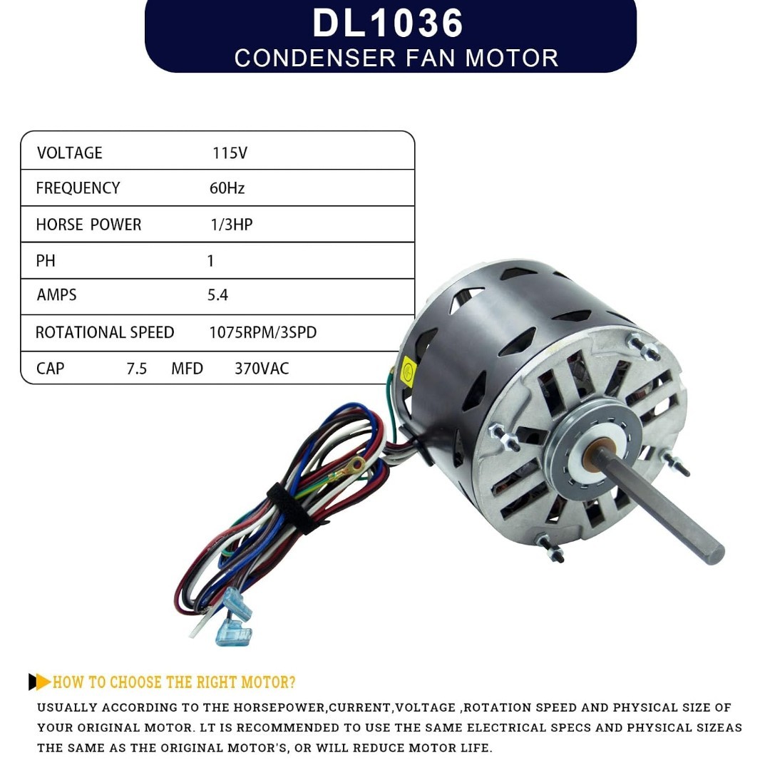 DL1036 Blower Fan Motor,1/3 HP, 1075 RPM, 3 Speed, 115V, Compatible w/A.O. Smith