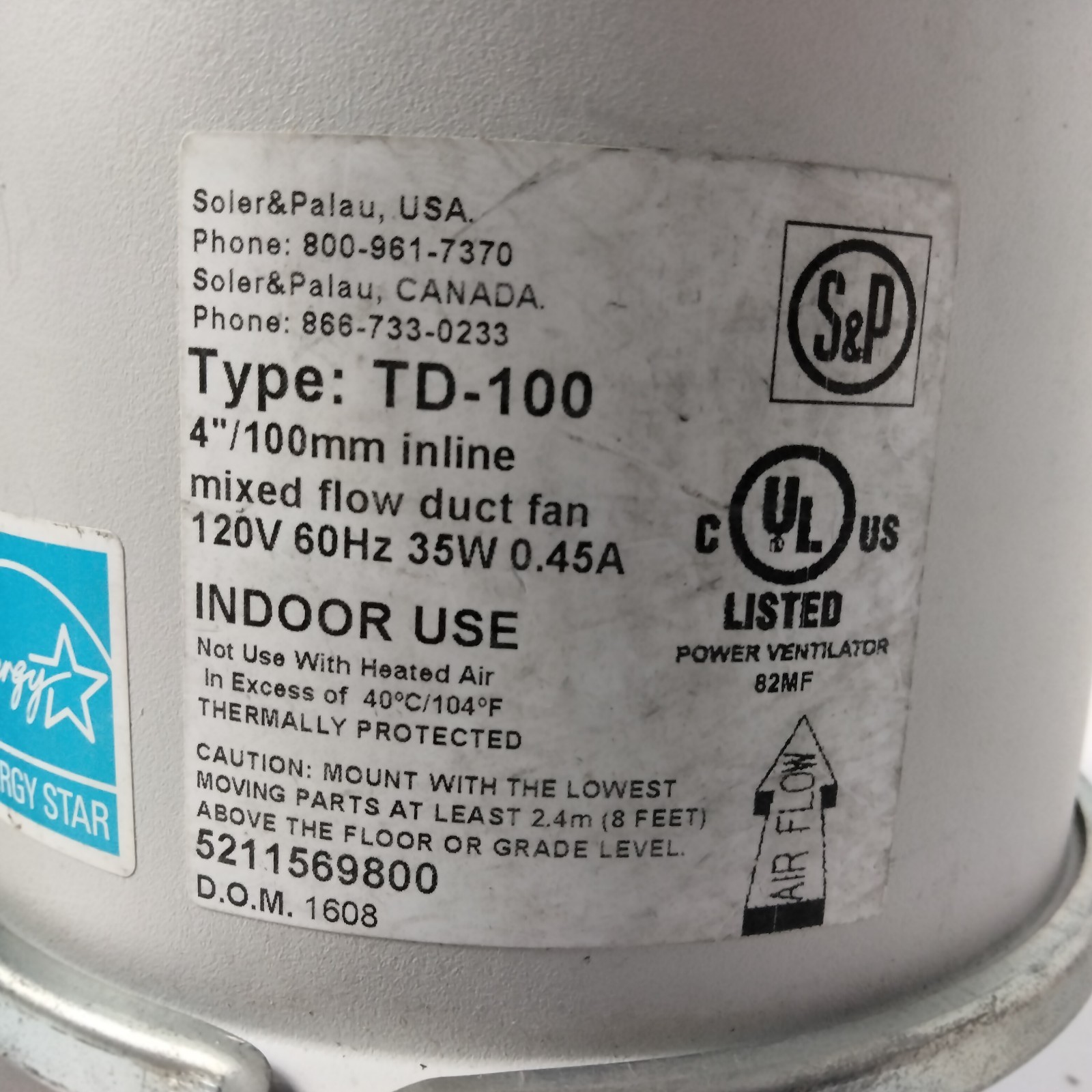 Soler & Palau (S&P) TD-100 mixed-flow inline duct fan, 4″, 120v, 35W, 0.45A