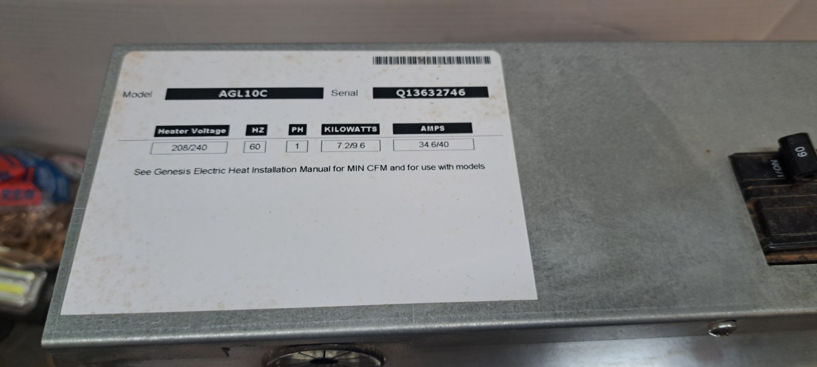 Climatemaster AG Auxiliary Electric Heater Coil 7.2/9.6KW 1P 208/240V AGL10c