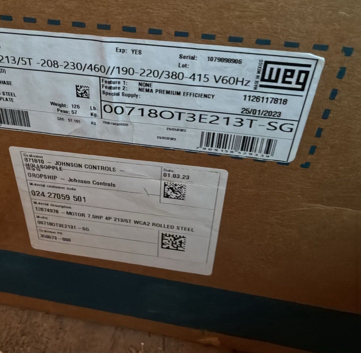 7.5 HP motor used in York HVAC systems, operating at 208-230-460V, 3-phase, 60Hz