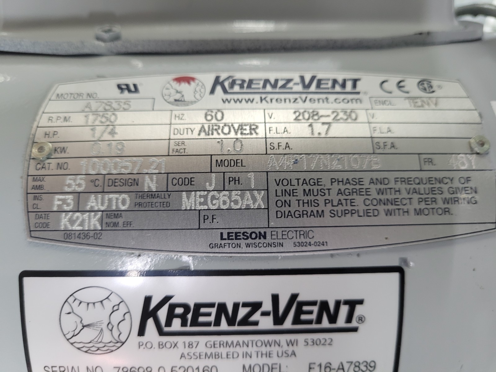 NEW SEALED ~ Krenz-Vent F16-A7839 Transformer Cooling Fan w/ Motor A4P17NZ107B