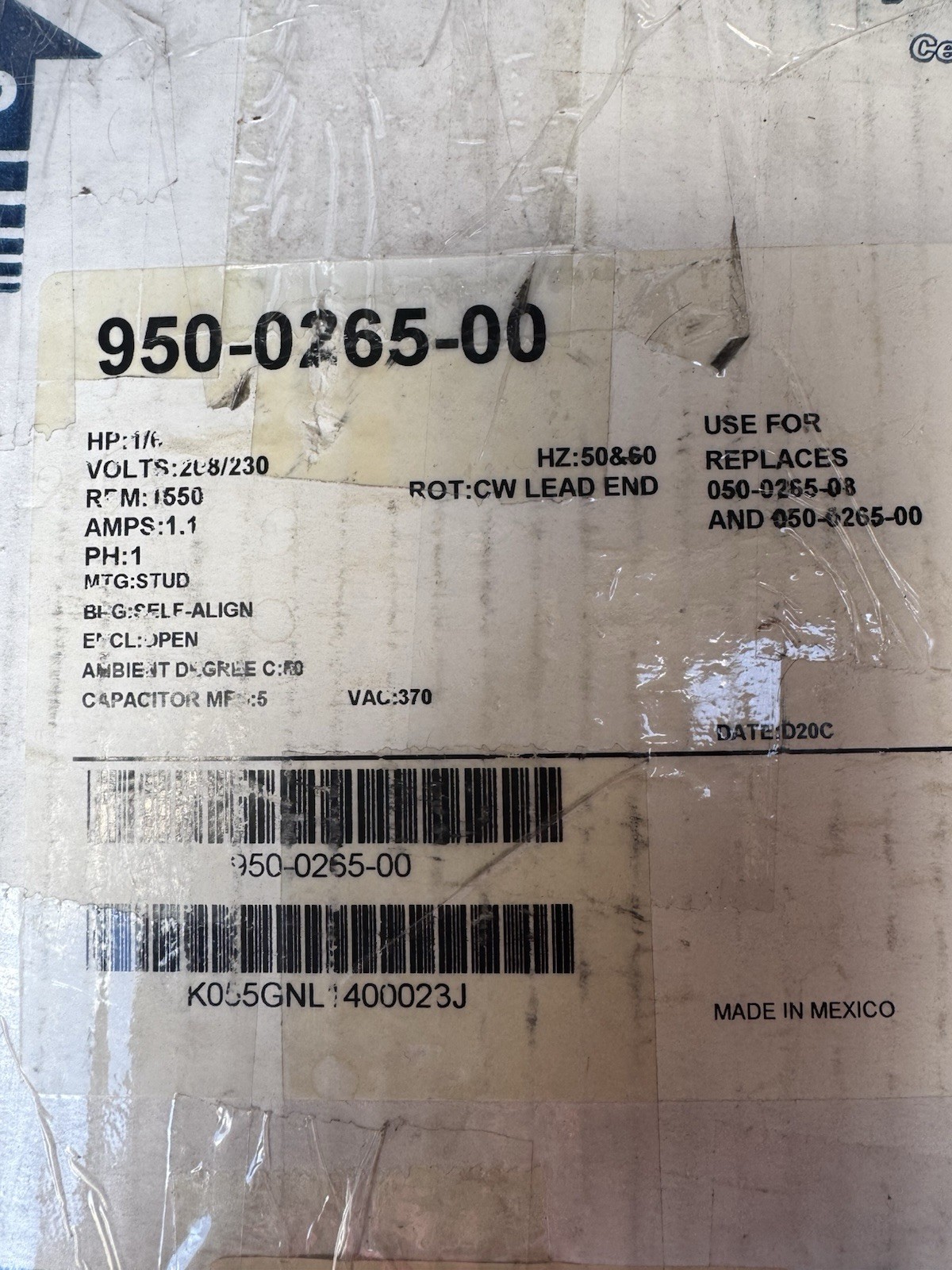 Copeland 950-0265-00 Fan Motor 1/6 HP 1550 RPM 230V