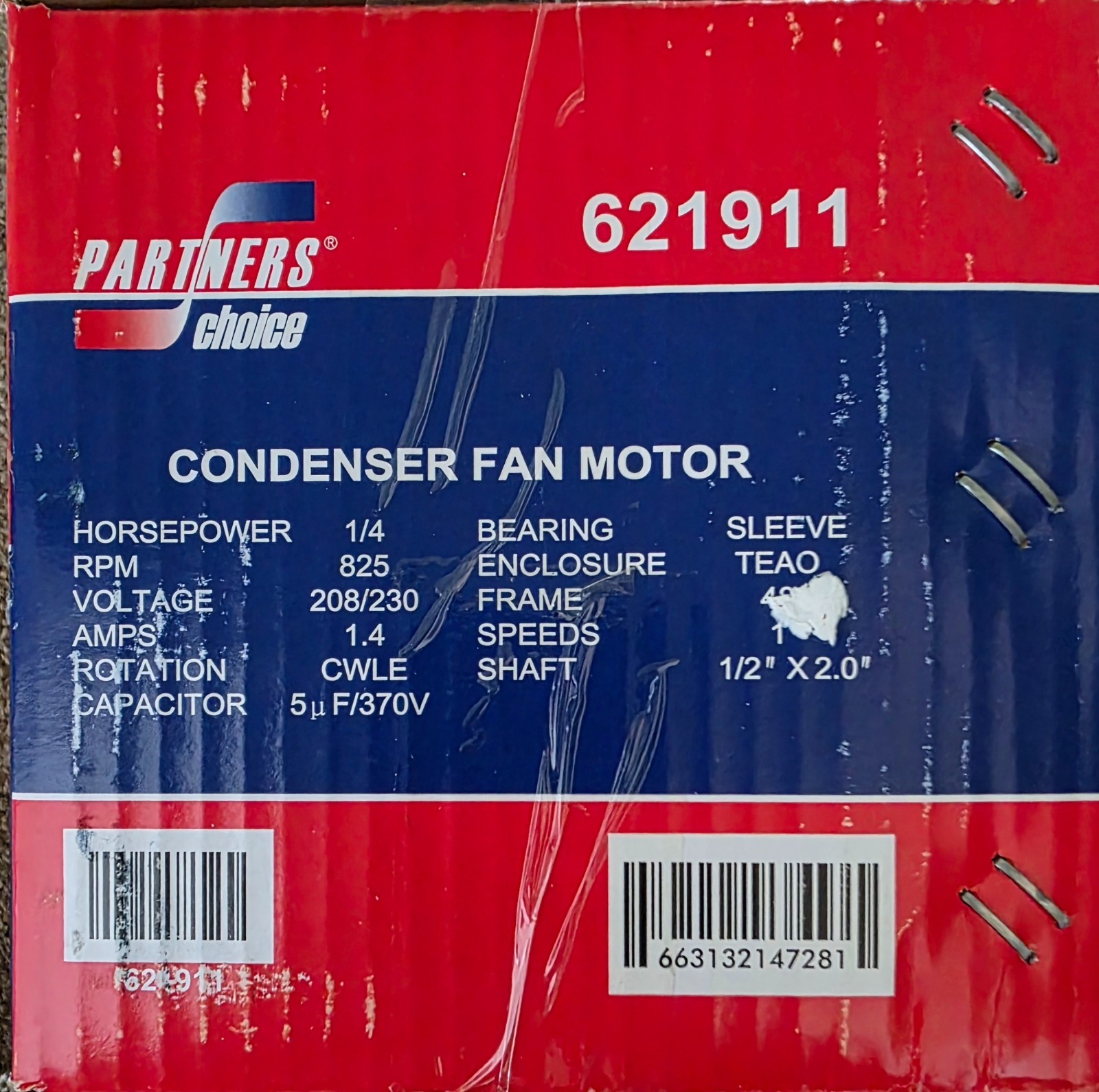 New Unopened 621912 PARTNERS CHOICE/NORDYNE CONDENSER FAN MOTOR 1/4HP 825RPM