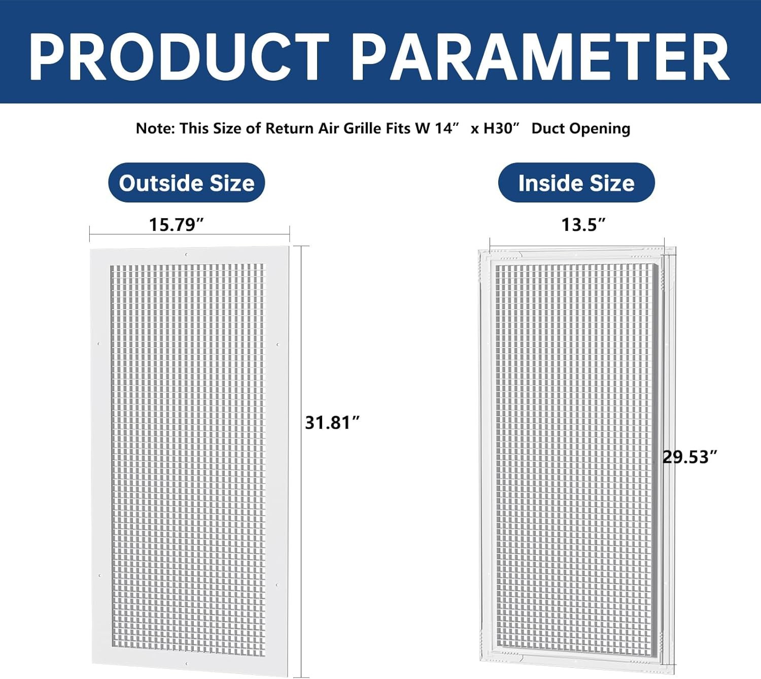 14×30 (Duct Size) Aluminum Eggcrate Return Air Grille, White, HVAC Vent Cover