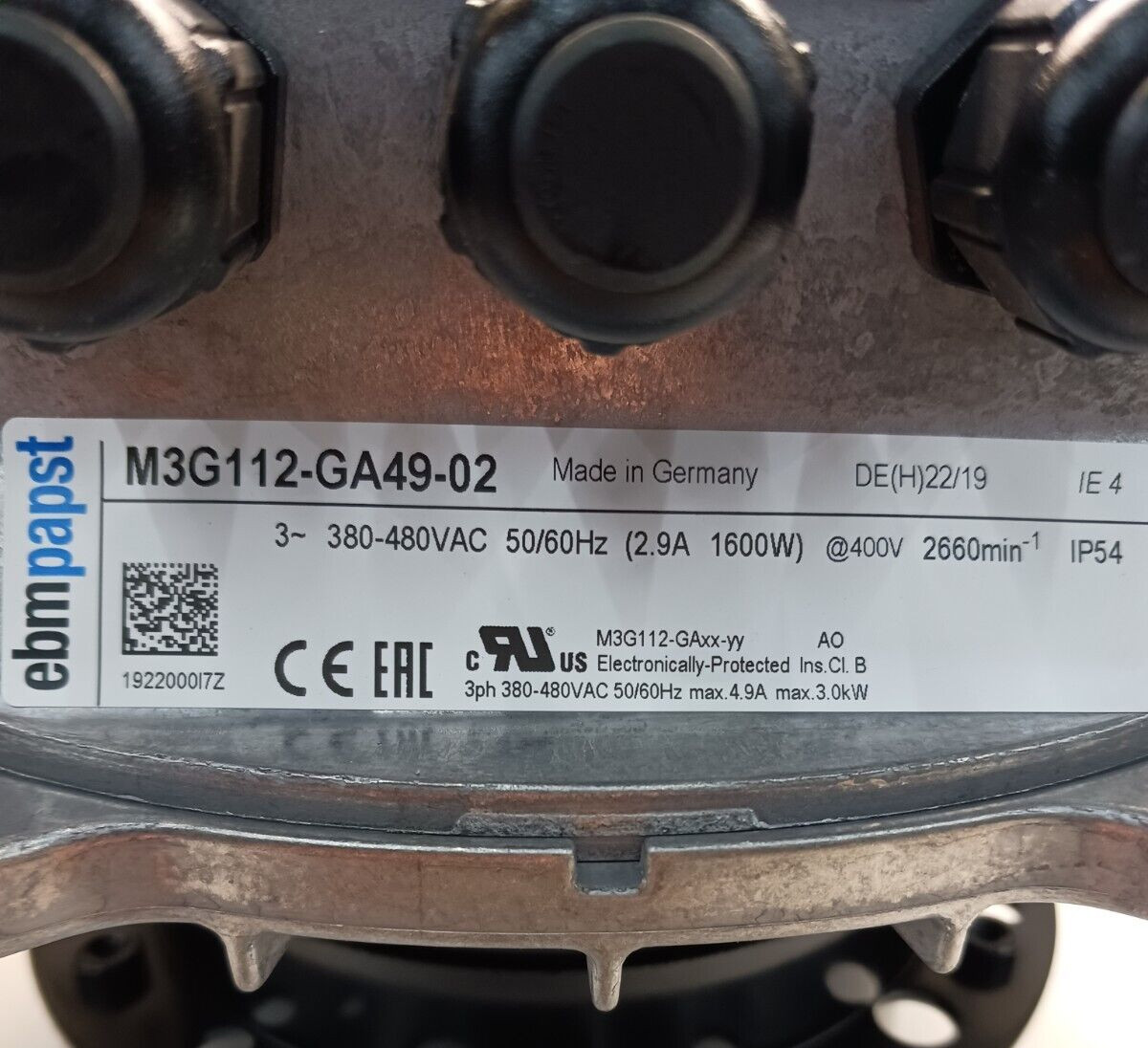 NEW EBM PAPST M3G112-GA49-02 FAN MOTOR ASSEMBLY 3PH 380-480 VAC 1600 WATT
