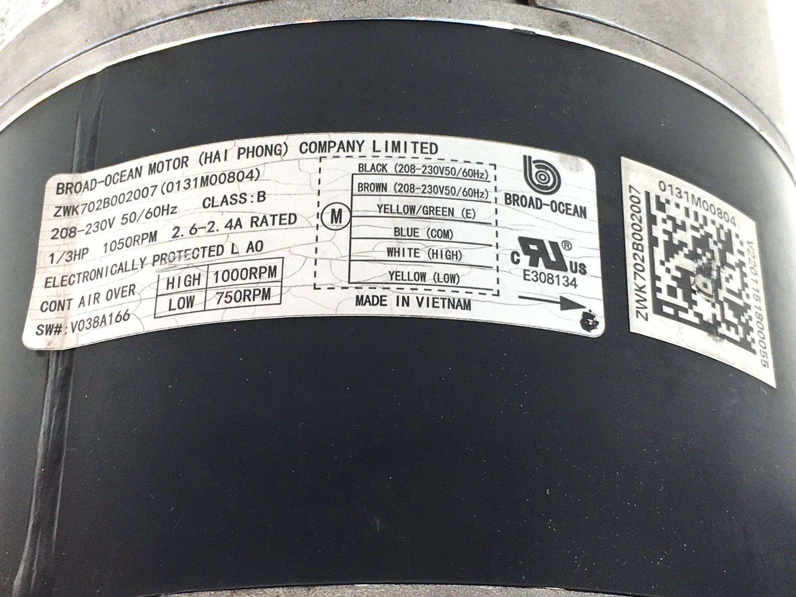 BROAD-OCEAN ZWK702B002007 ECM Blower Motor 0131M00804 230V 1/3HP 1050 RPM #MB325
