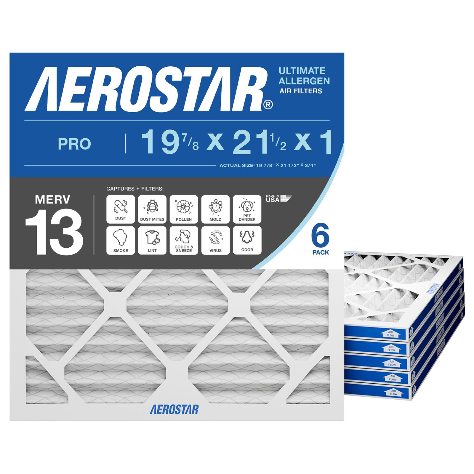 Aerostar 19.875×21.5×1 MERV 13 – 6 Count – Pleated HVAC, 6 PACK, 13