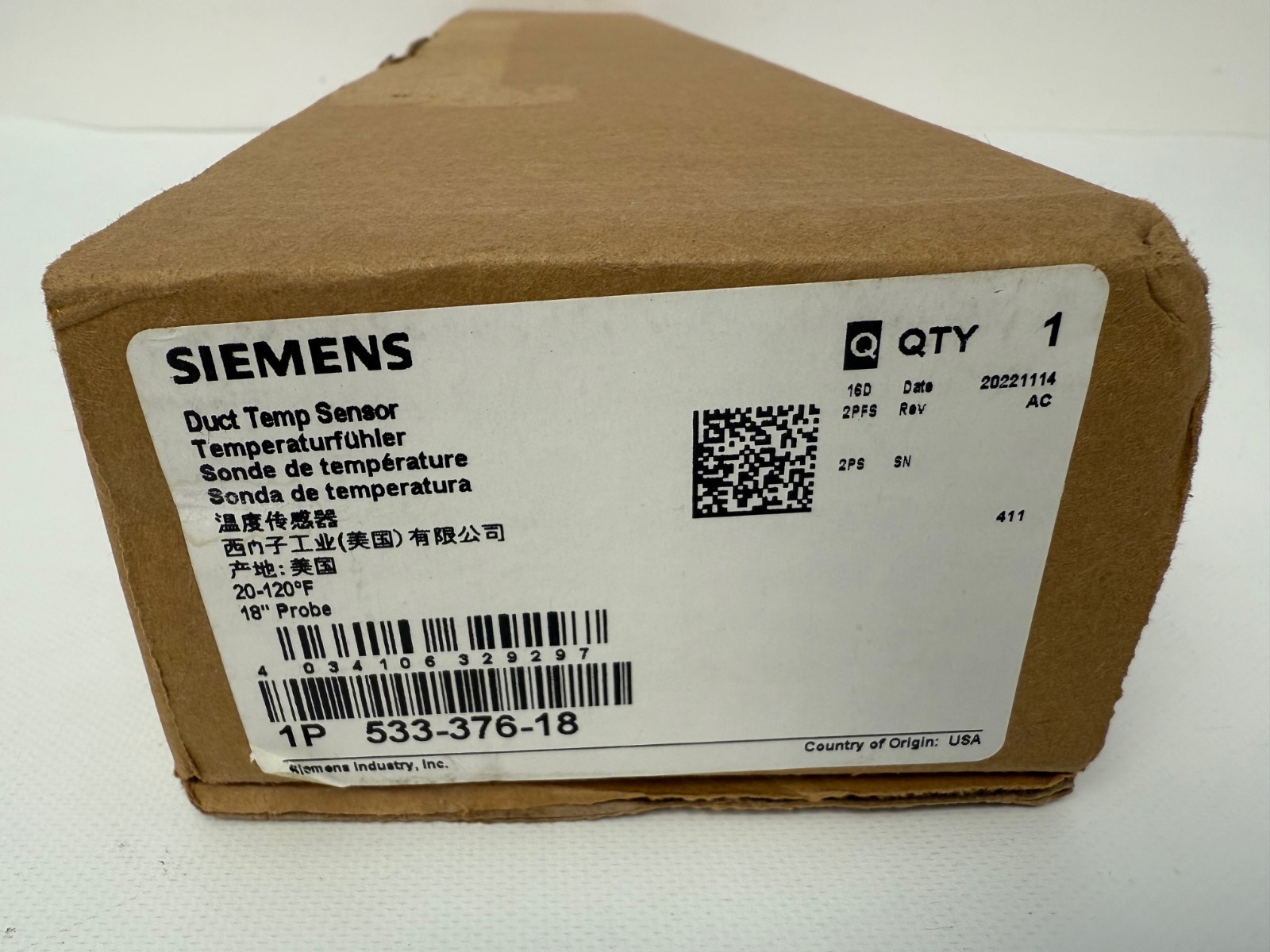 SIEMENS 533-376-18 DUCT TEMP SENSOR 18″ PROBE 20-120 F NEW OPEN BOX