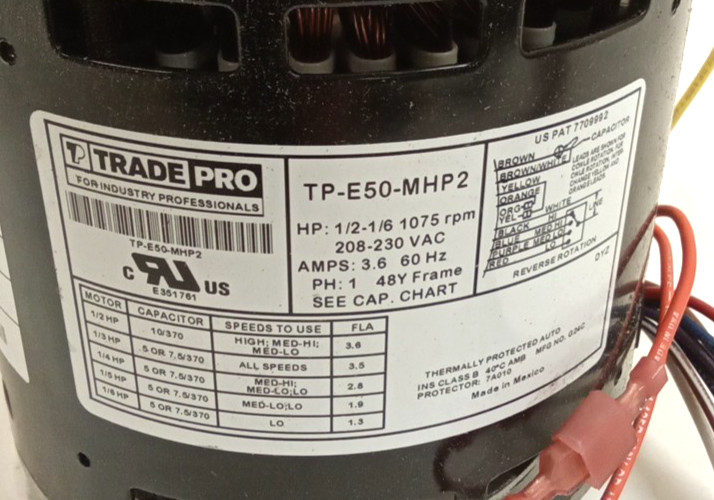 TradePro TP-E50-MHP2 Evaporator Motor 1/2-1/6HP 1075 Rpm 208-230VAC 3.6A 3-Speed