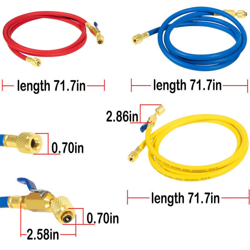 29986 Plus II 1/4″ Red Blue Yellow Charging Hose Compact Ball Valve 72″ 3 Pack