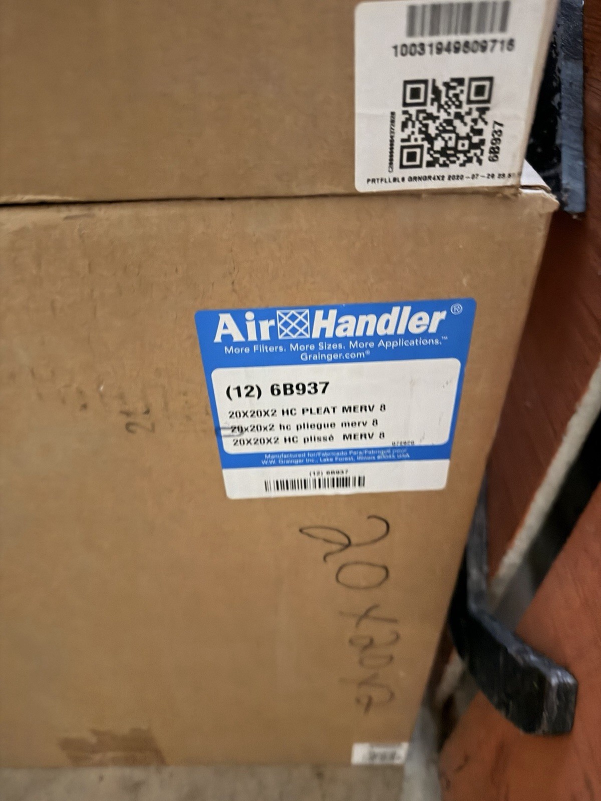 Air Handler 6B937 20x20x2 HC Pleated MERV 8 Electrostatic Filter, Full box of 12