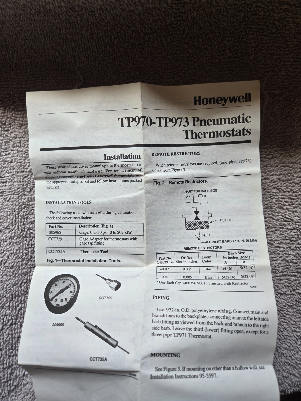 Honeywell TP 972A 2036 pneumatic thermostat reverse acting