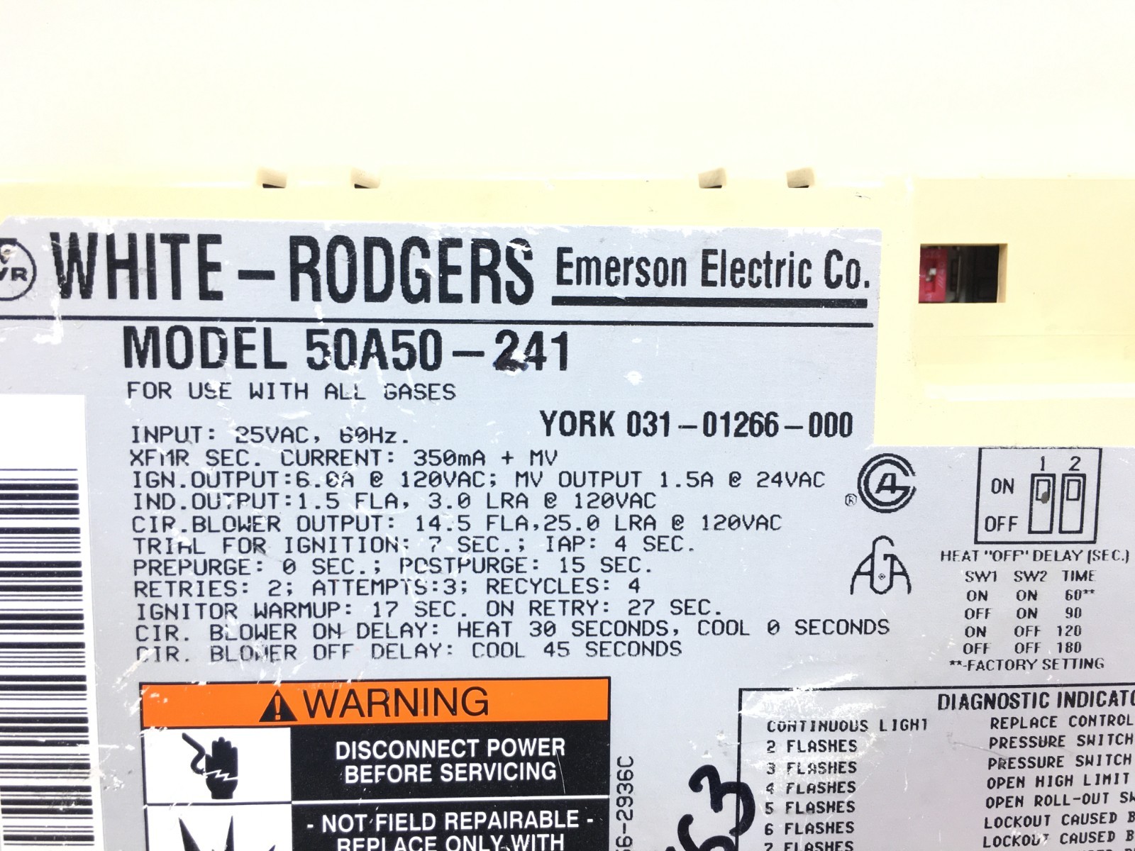 White Rodgers 50A50-241 York 031-01266-000 Furnace Control Board used #P163