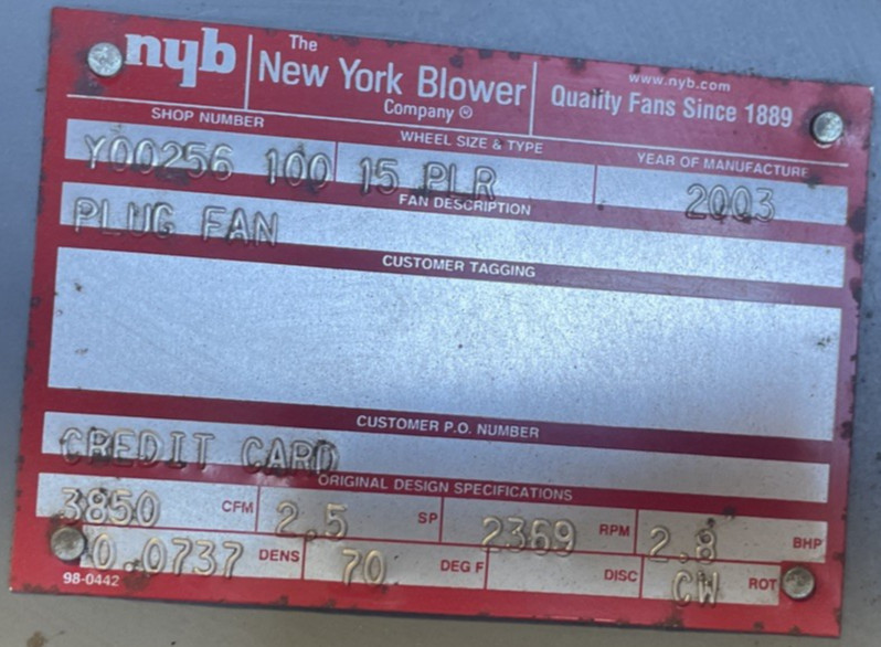 New York Blower NYB Y00256-100-15-PLR Industrial Fan HVAC Ventilation Unit