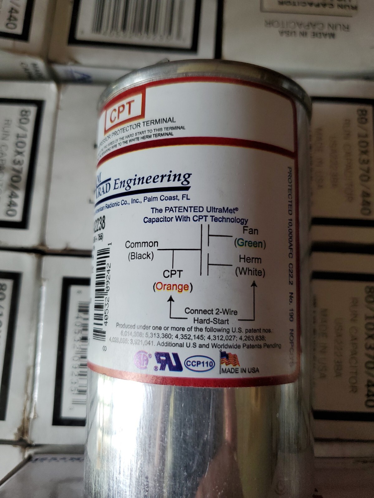 AmRad USA2238 Round Run Capacitor 50+7.5 uF MFD 370 / 440 Volt Made in USA
