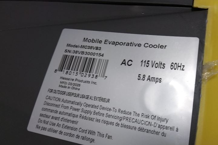 Hessaire MC38VB3 3/4 HP 11500 CFM 115VAC 30 In Blade Diameter Circulating Fan