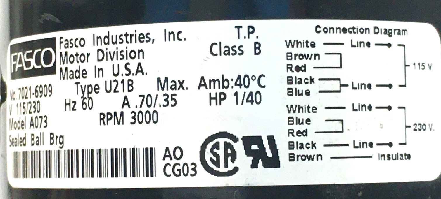 FASCO 7021-6909 Model A073 Draft Inducer Motor 115/230V 3000 RPM used #MR2