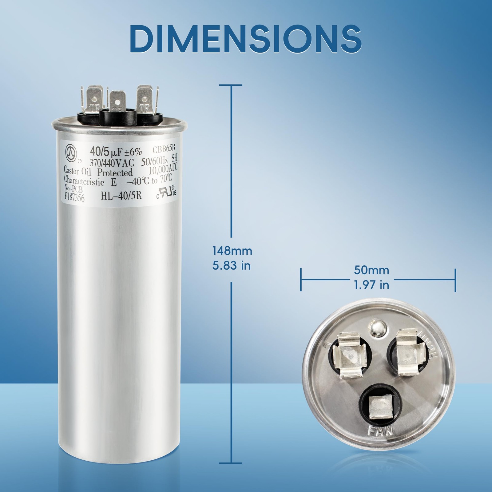 QYCKFIXR 40+5 uF 40/5 MFD ±6% 370V/440VAC CBB65 Dual Run Circular Start…